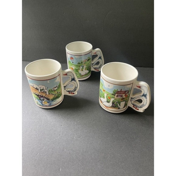 Interpur Vintage Geese Farm Ceramic Set Of 3 Made In Taiwan Stoneware Mug Set - Picture 1 of 8
